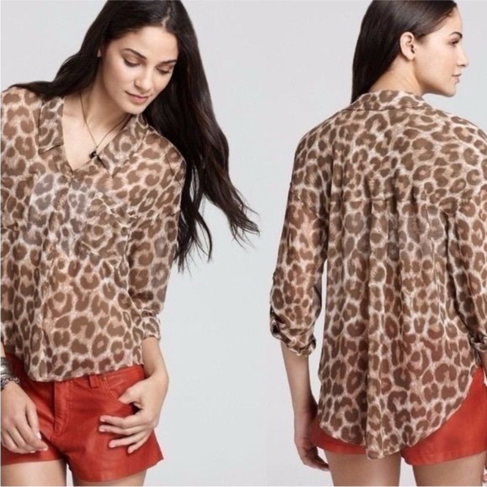 Free People Leopard Animal Print Cheetah Easy Rider Semi Sheer Blouse Size Small